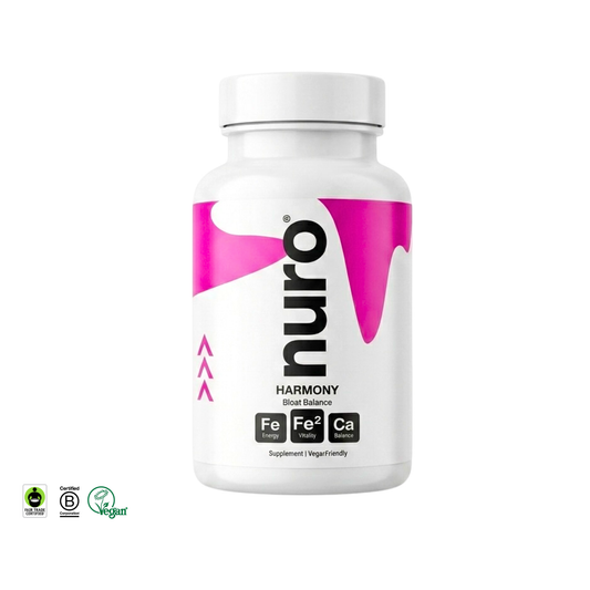 A white bottle of nuro Harmony Bloat Balance vegan-friendly supplement highlights its iron and calcium content for digestive support and energy.