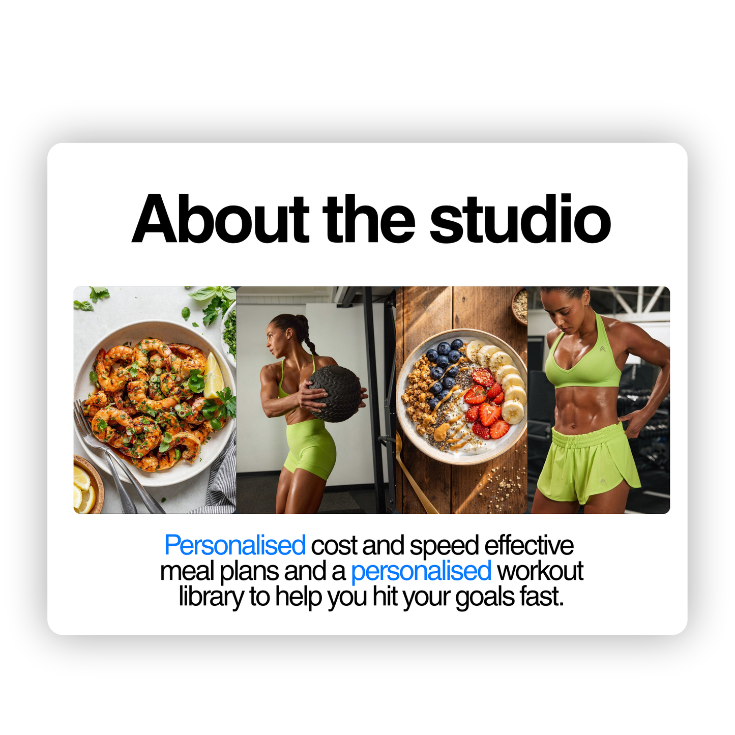 A fitness studio graphic showcases healthy shrimp and fruit bowls alongside an athletic woman exercising in lime green activewear to highlight personalized meal plans and workout libraries.