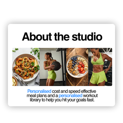 A fitness studio graphic showcases healthy shrimp and fruit bowls alongside an athletic woman exercising in lime green activewear to highlight personalized meal plans and workout libraries.
