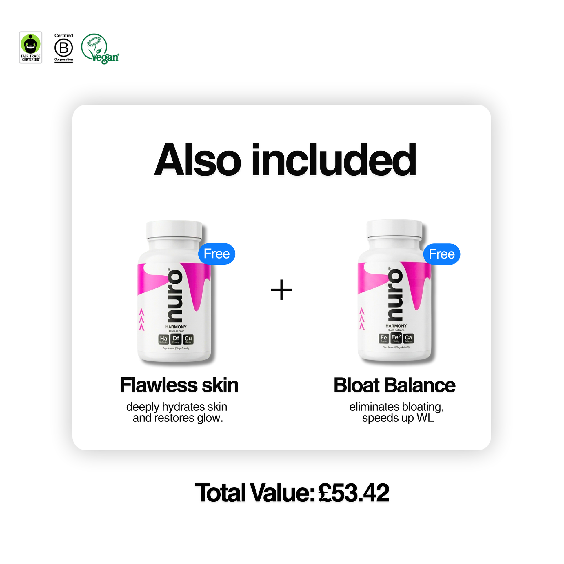 Two free nuro supplement bottles for Flawless skin and Bloat Balance provide skin hydration and bloating relief in a bundle valued at £53.42.