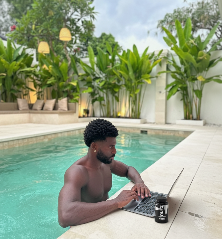 Man using a laptop by a pool with lush greenery in the background